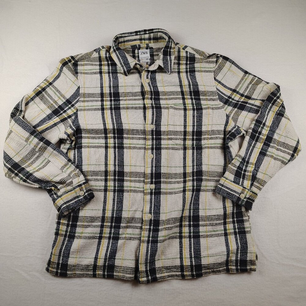 Zara Mens White Plaid Button Up Long Sleeve Woven Relaxed Fit Sz XL